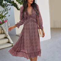 Elegant Flower Print Long Sleeves Women Dress